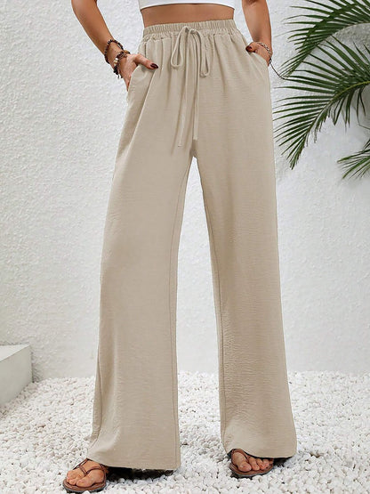 Solid Color Elastic Waist Casual Wide Legs Pants