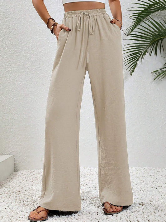 Solid Color Elastic Waist Casual Wide Legs Pants
