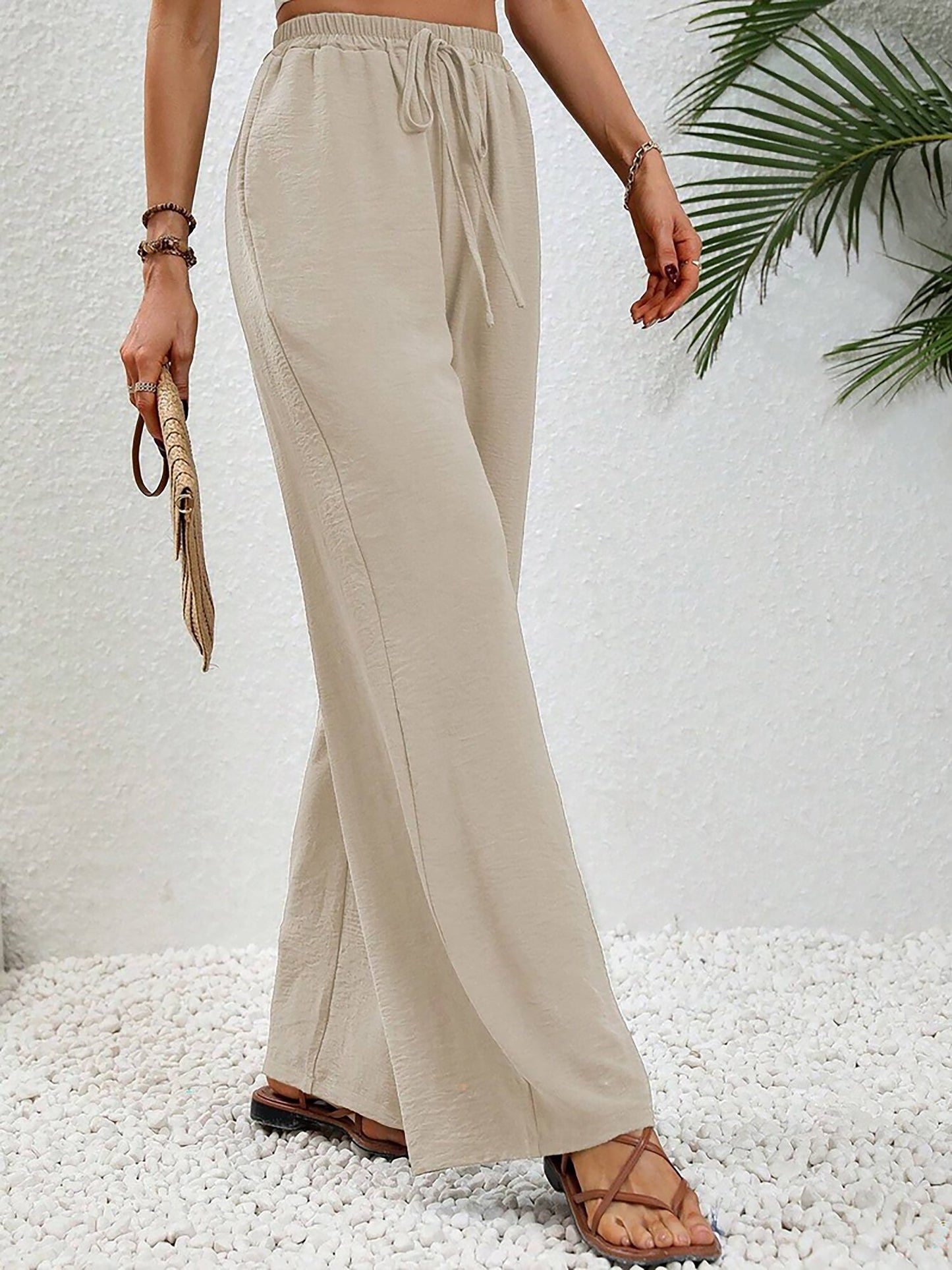 Solid Color Elastic Waist Casual Wide Legs Pants