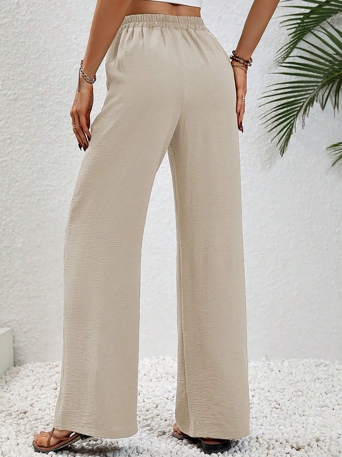 Solid Color Elastic Waist Casual Wide Legs Pants