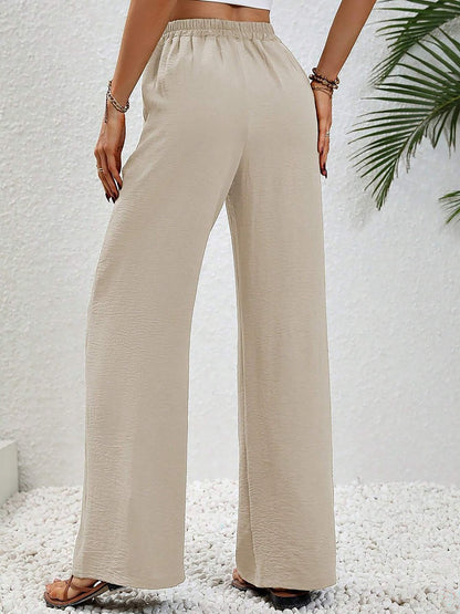Solid Color Elastic Waist Casual Wide Legs Pants