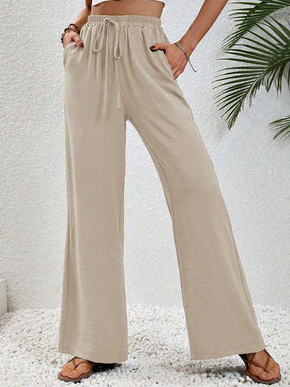Solid Color Elastic Waist Casual Wide Legs Pants