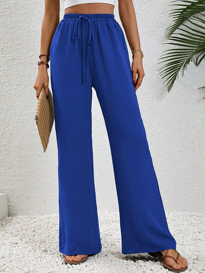 Solid Color Elastic Waist Casual Wide Legs Pants