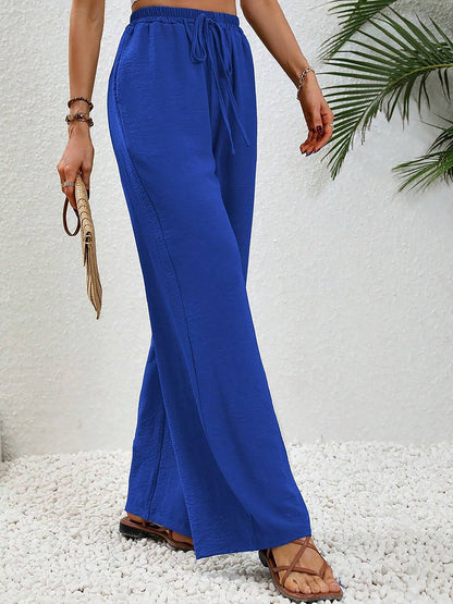 Solid Color Elastic Waist Casual Wide Legs Pants