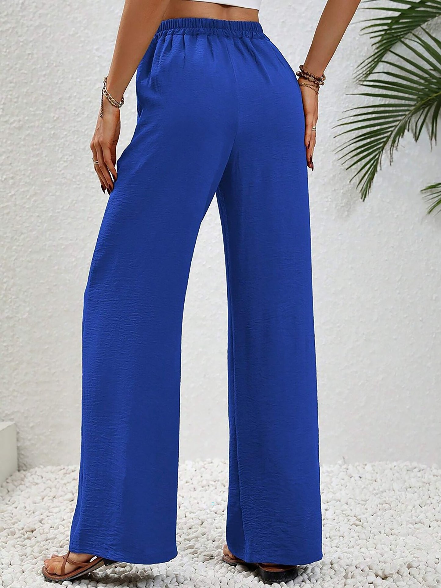 Solid Color Elastic Waist Casual Wide Legs Pants