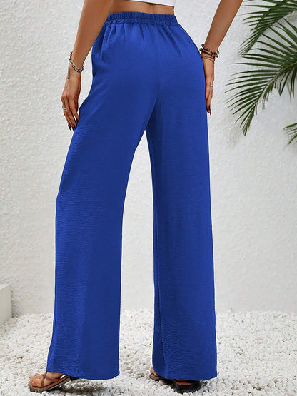 Solid Color Elastic Waist Casual Wide Legs Pants