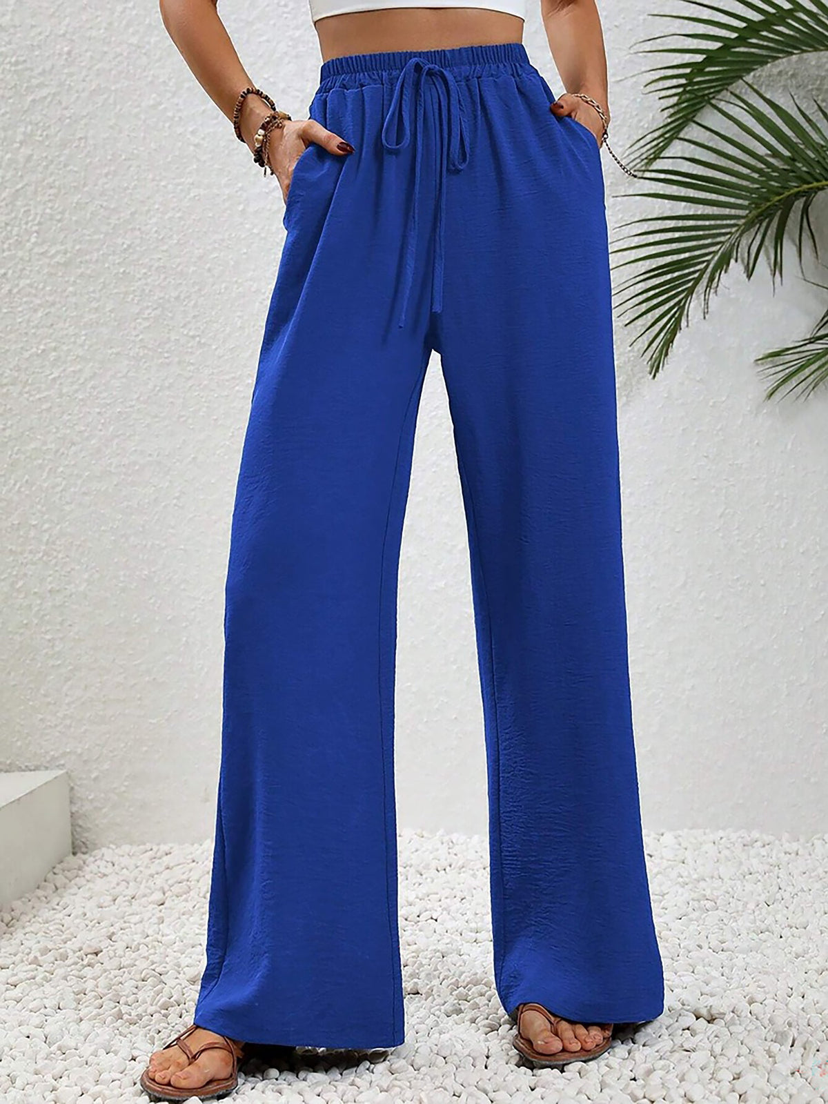 Solid Color Elastic Waist Casual Wide Legs Pants