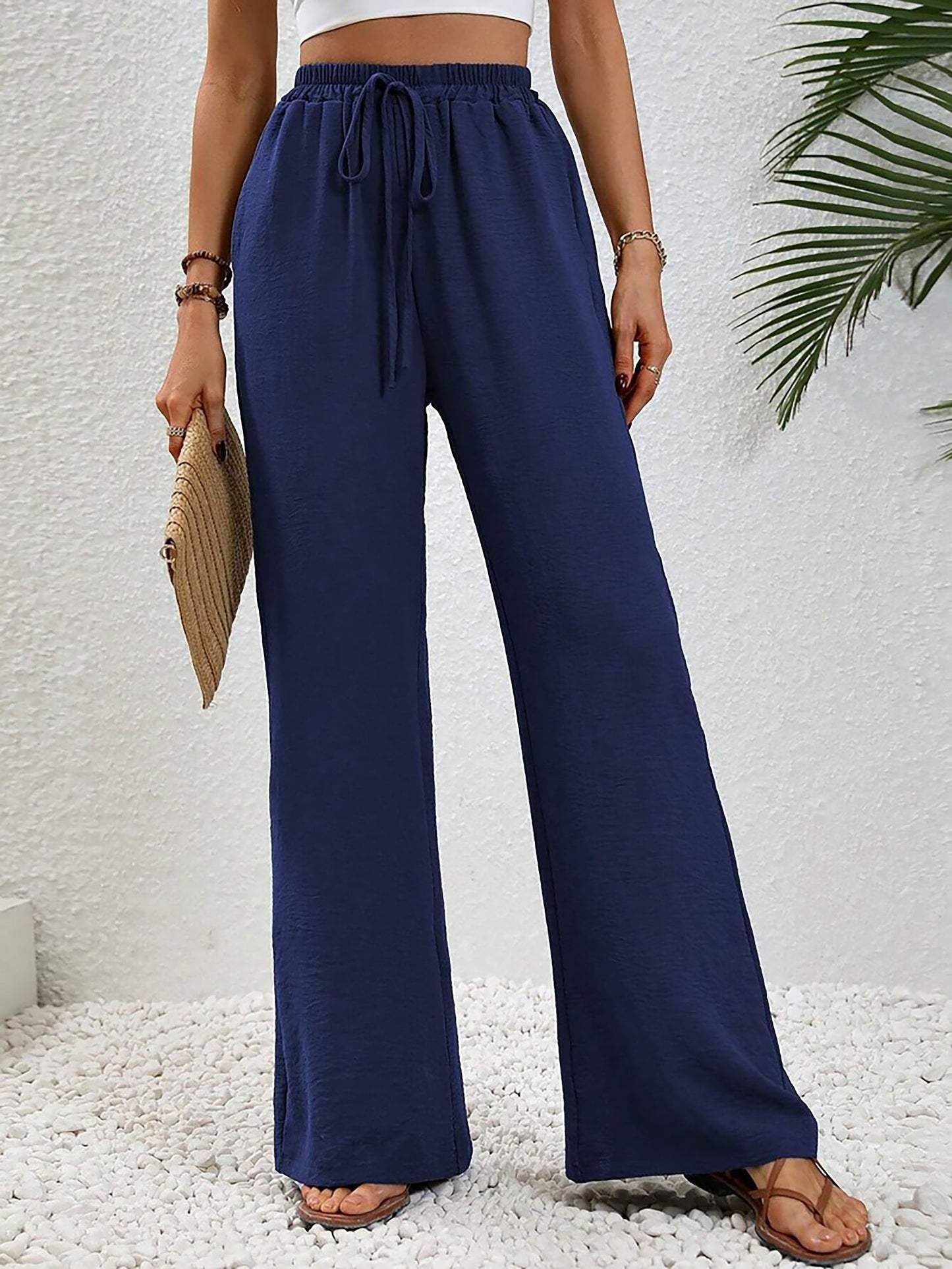 Solid Color Elastic Waist Casual Wide Legs Pants