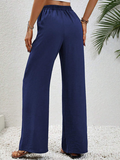 Solid Color Elastic Waist Casual Wide Legs Pants