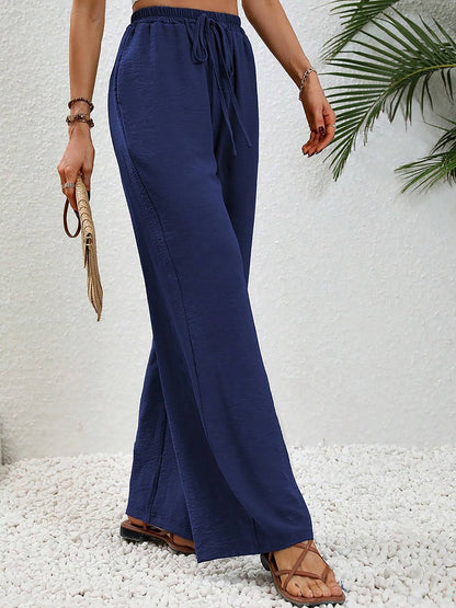 Solid Color Elastic Waist Casual Wide Legs Pants