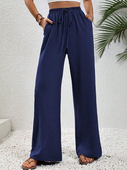 Solid Color Elastic Waist Casual Wide Legs Pants