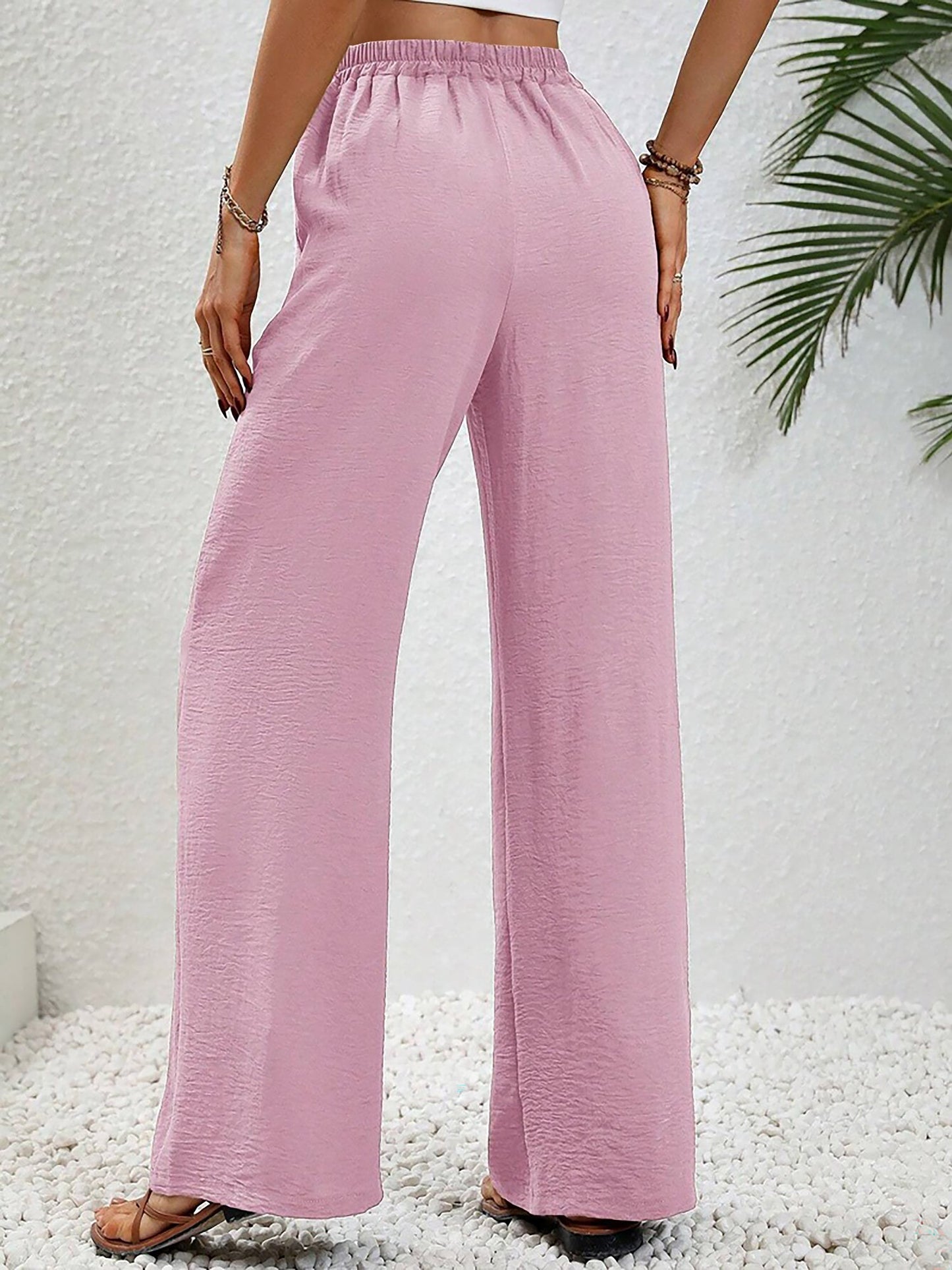 Solid Color Elastic Waist Casual Wide Legs Pants