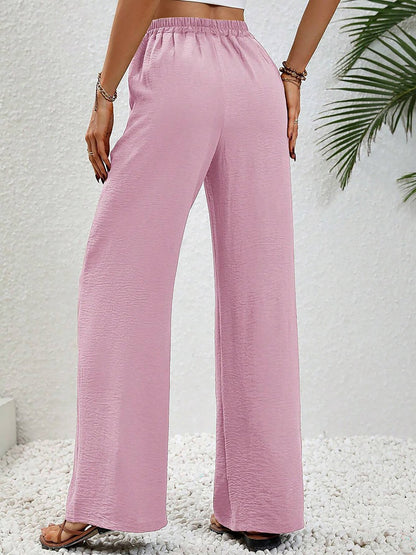 Solid Color Elastic Waist Casual Wide Legs Pants