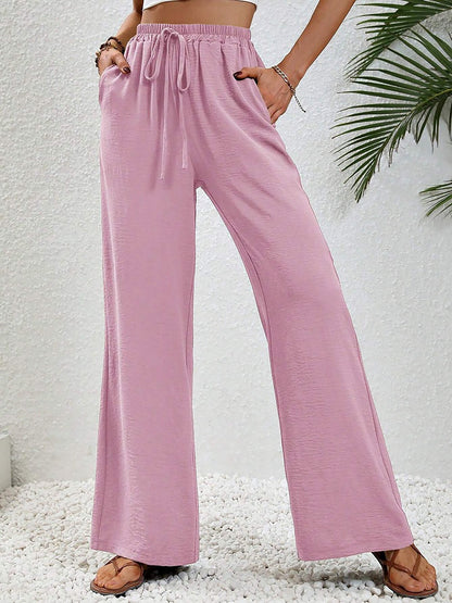 Solid Color Elastic Waist Casual Wide Legs Pants