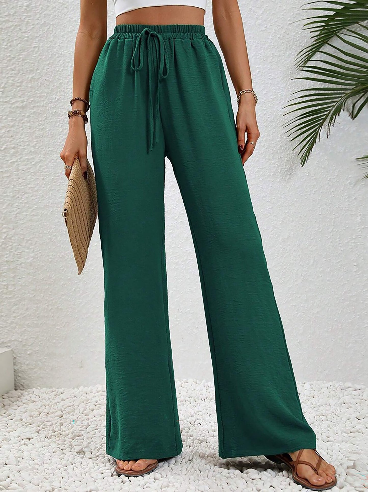 Solid Color Elastic Waist Casual Wide Legs Pants