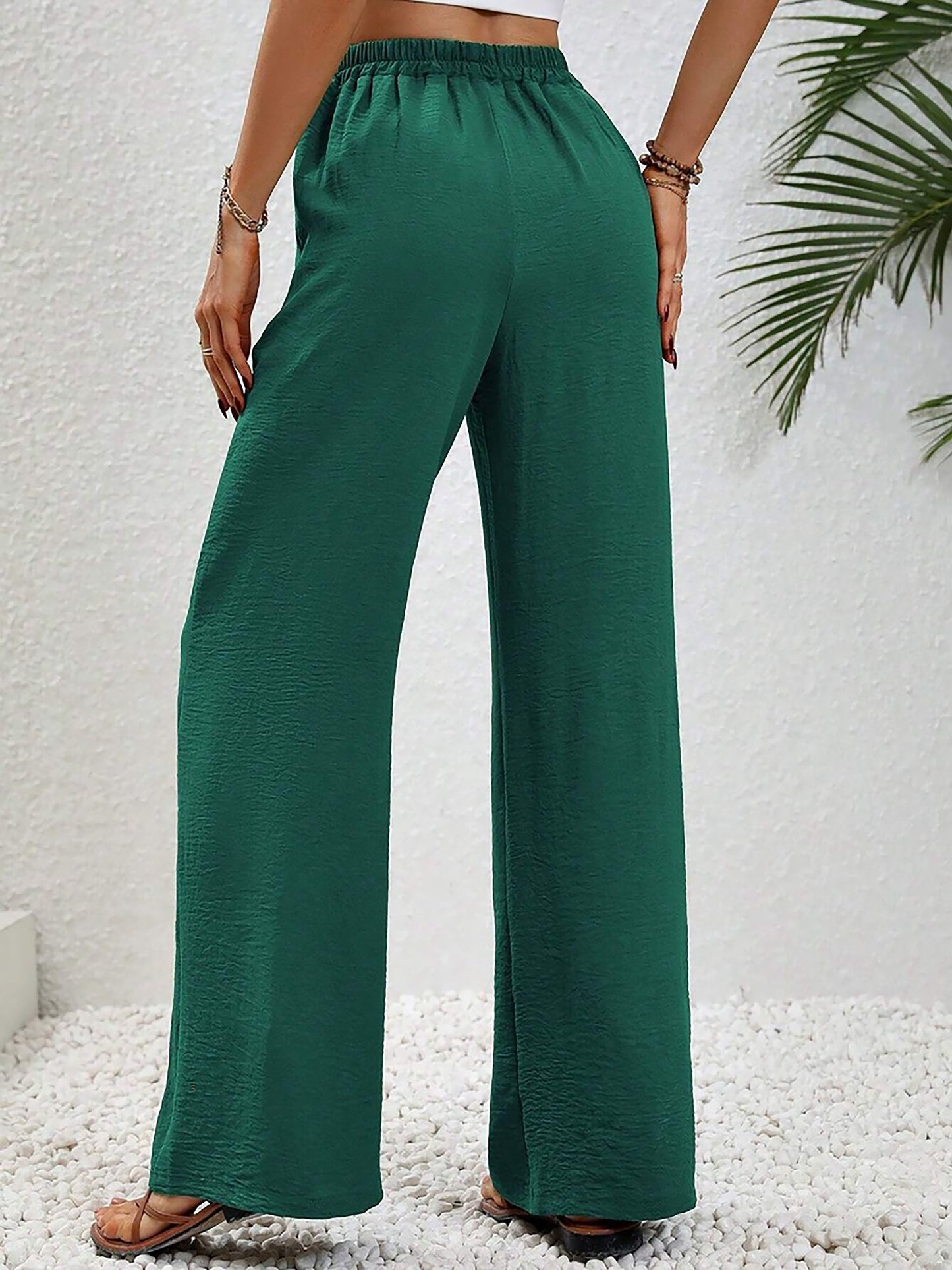 Solid Color Elastic Waist Casual Wide Legs Pants