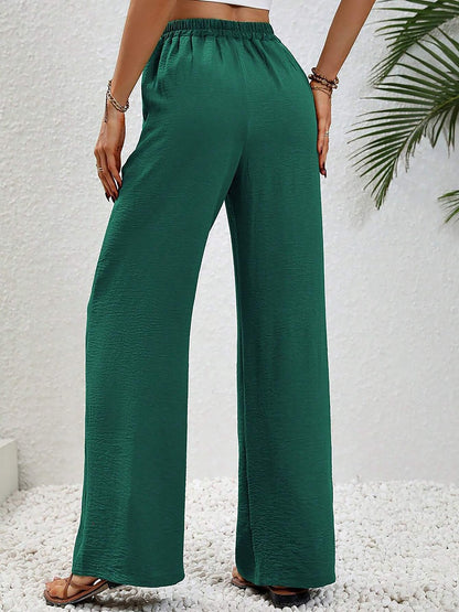 Solid Color Elastic Waist Casual Wide Legs Pants
