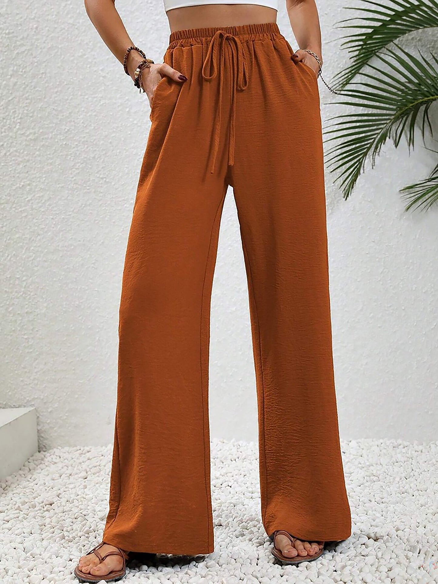 Solid Color Elastic Waist Casual Wide Legs Pants