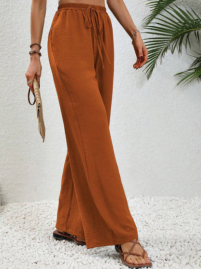 Solid Color Elastic Waist Casual Wide Legs Pants