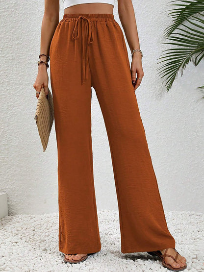 Solid Color Elastic Waist Casual Wide Legs Pants