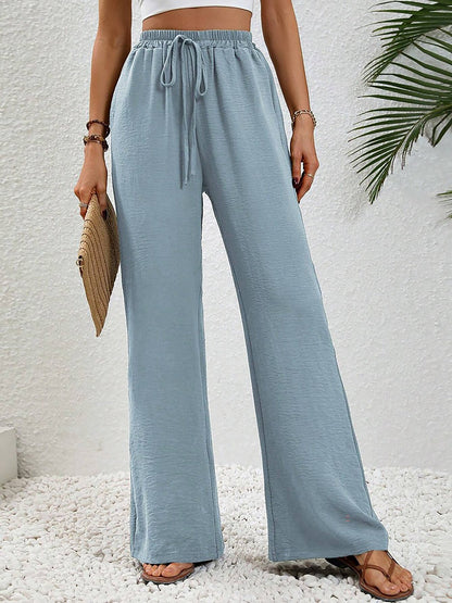 Solid Color Elastic Waist Casual Wide Legs Pants