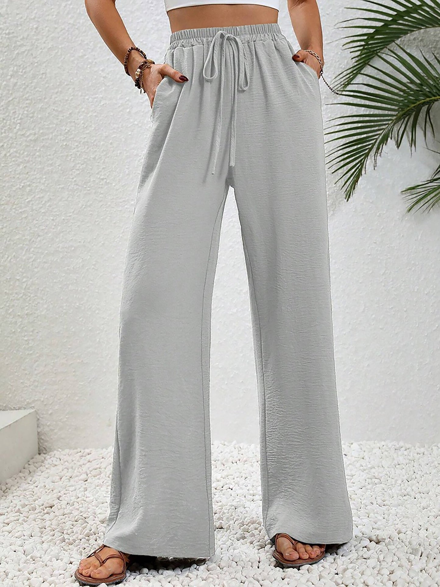 Solid Color Elastic Waist Casual Wide Legs Pants