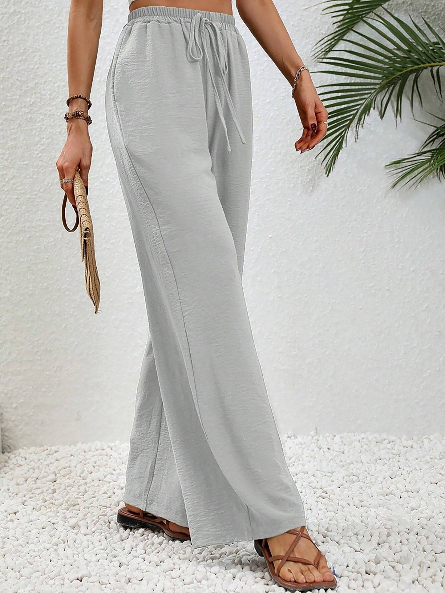 Solid Color Elastic Waist Casual Wide Legs Pants