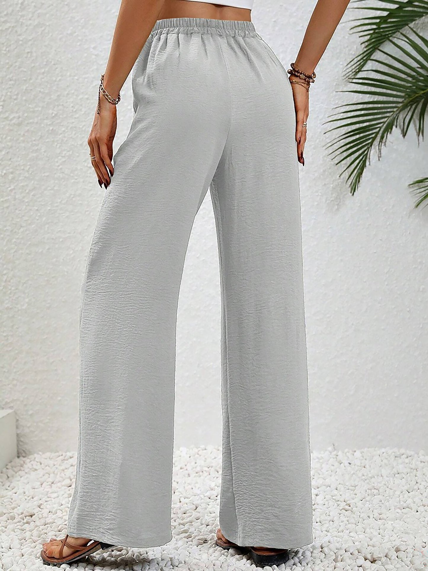 Solid Color Elastic Waist Casual Wide Legs Pants