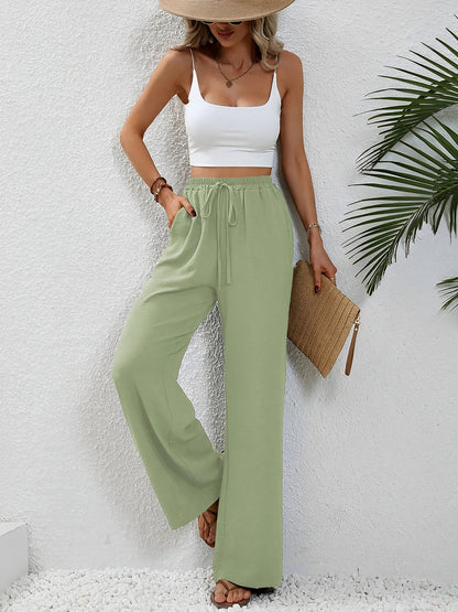 Solid Color Elastic Waist Casual Wide Legs Pants