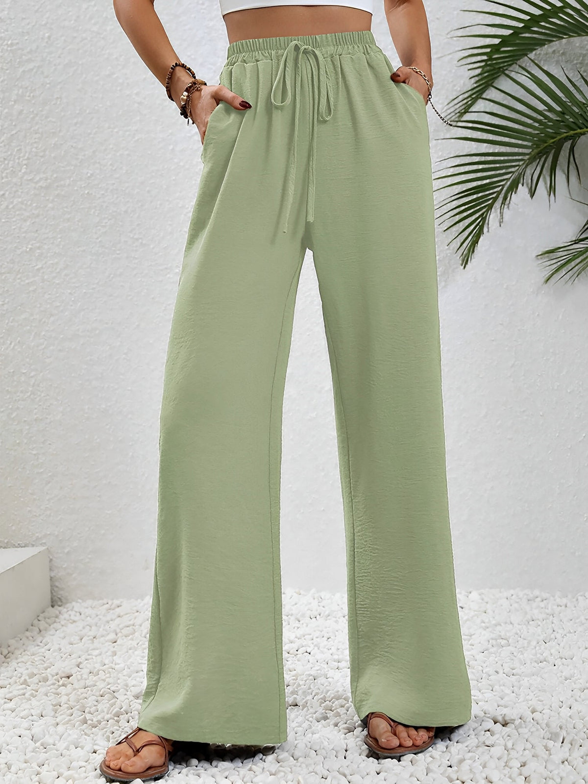 Solid Color Elastic Waist Casual Wide Legs Pants