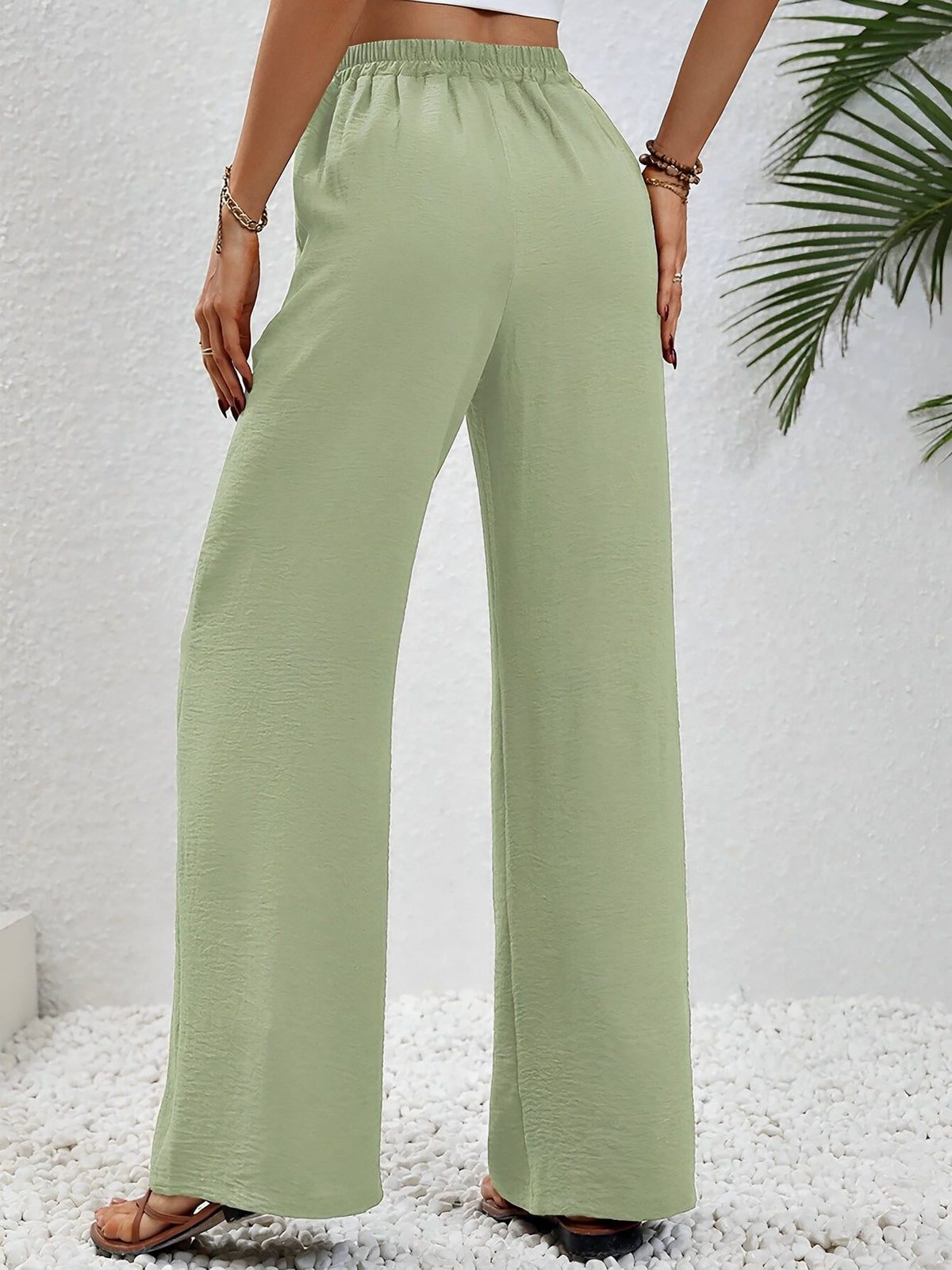 Solid Color Elastic Waist Casual Wide Legs Pants