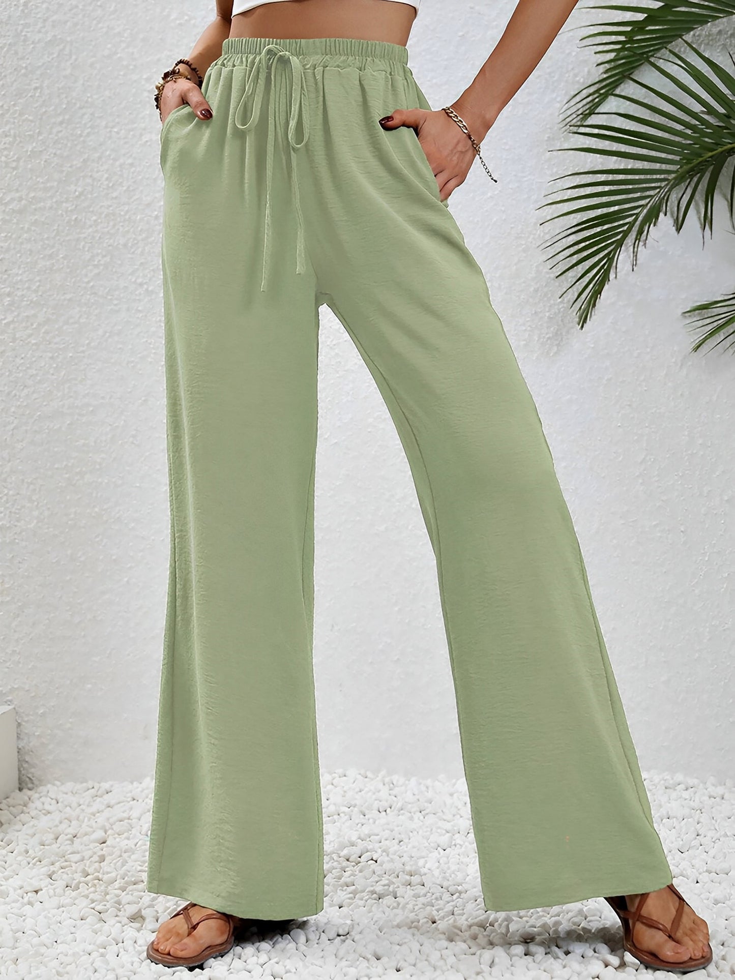Solid Color Elastic Waist Casual Wide Legs Pants