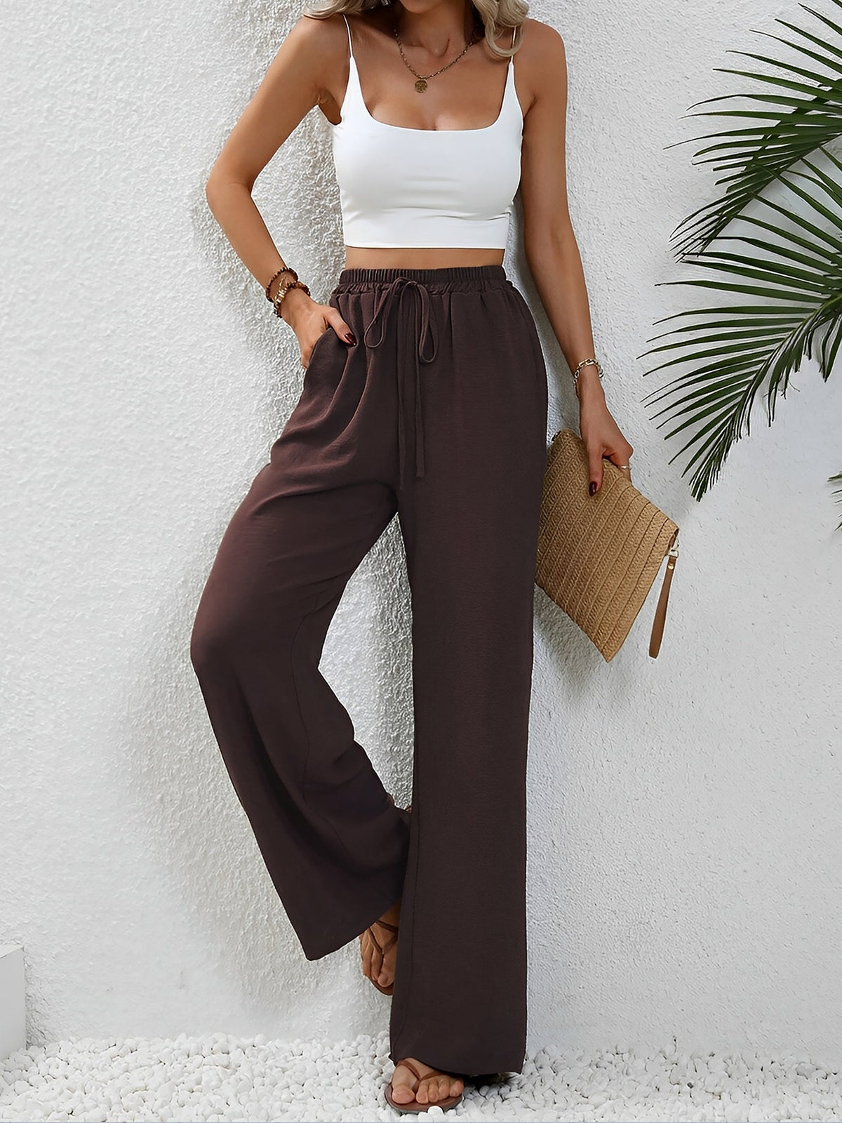 Solid Color Elastic Waist Casual Wide Legs Pants