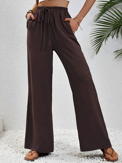 Solid Color Elastic Waist Casual Wide Legs Pants