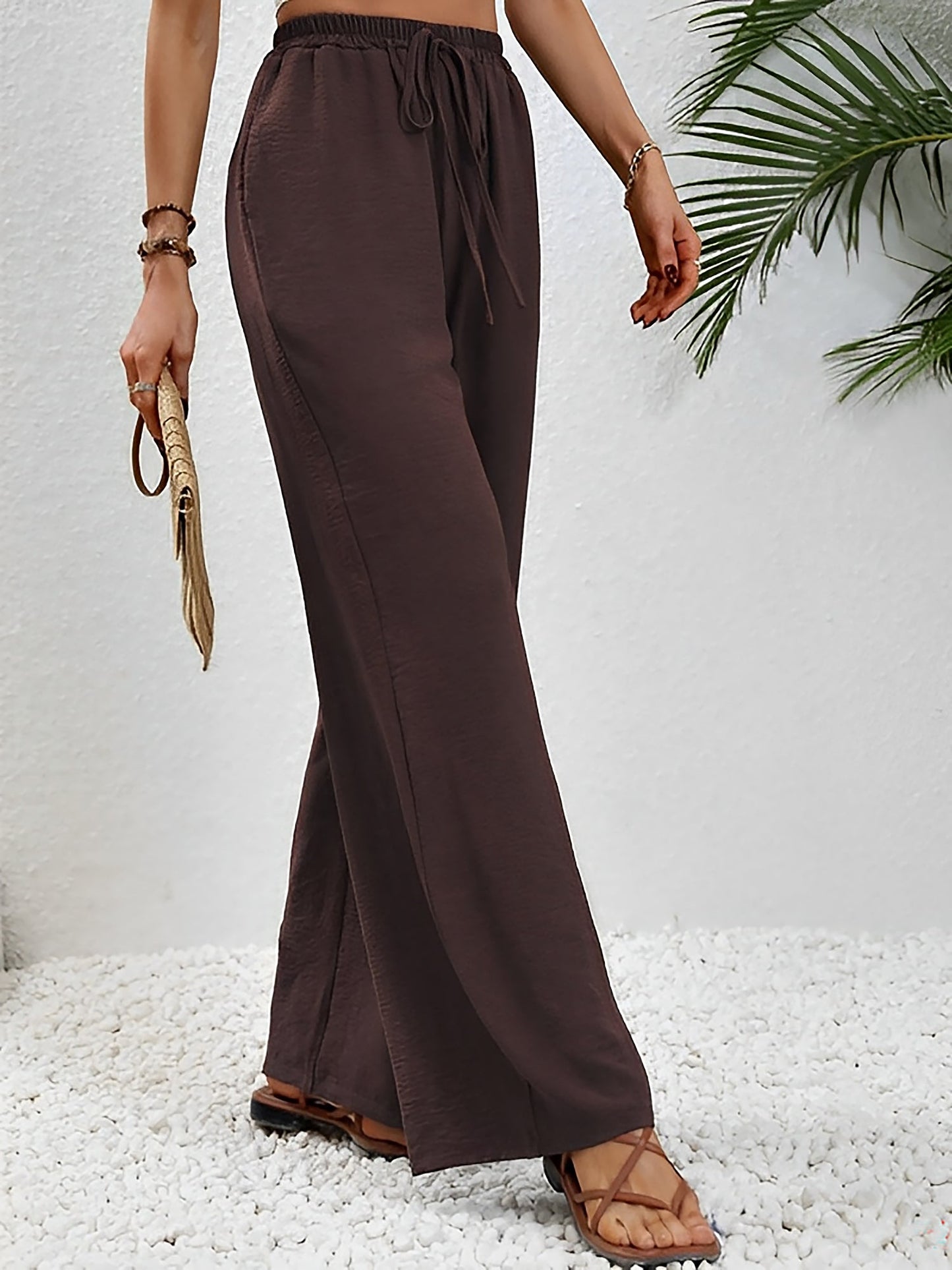 Solid Color Elastic Waist Casual Wide Legs Pants