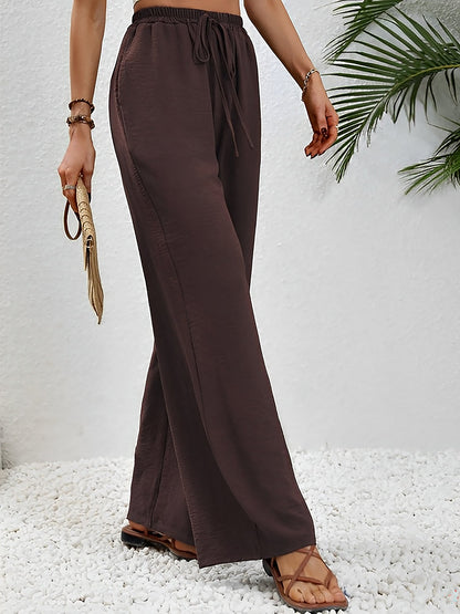 Solid Color Elastic Waist Casual Wide Legs Pants