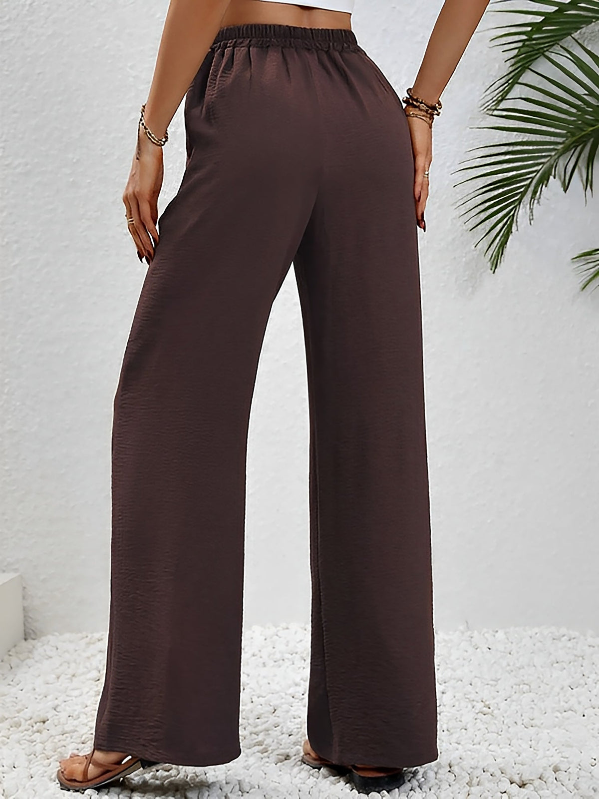Solid Color Elastic Waist Casual Wide Legs Pants