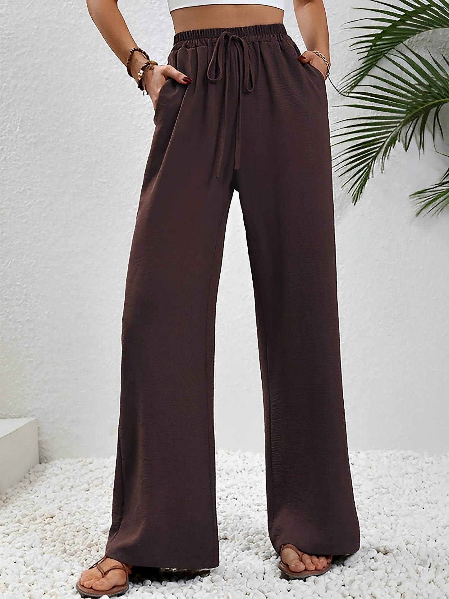 Solid Color Elastic Waist Casual Wide Legs Pants