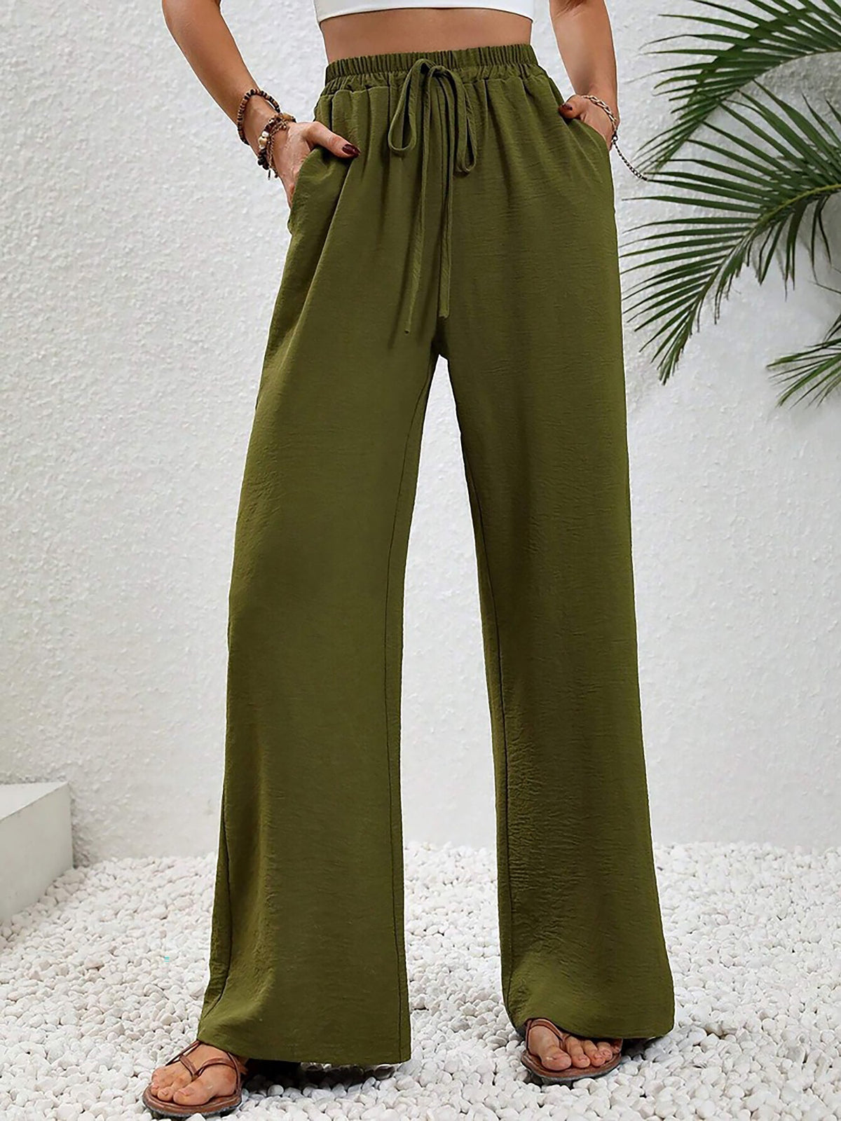 Solid Color Elastic Waist Casual Wide Legs Pants