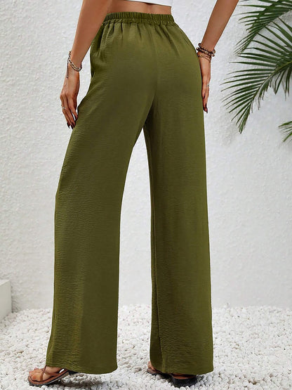 Solid Color Elastic Waist Casual Wide Legs Pants