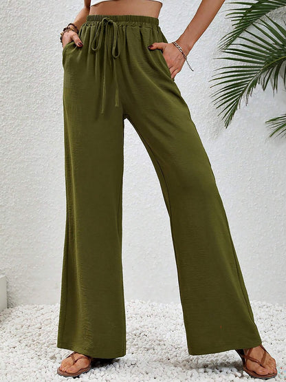 Solid Color Elastic Waist Casual Wide Legs Pants