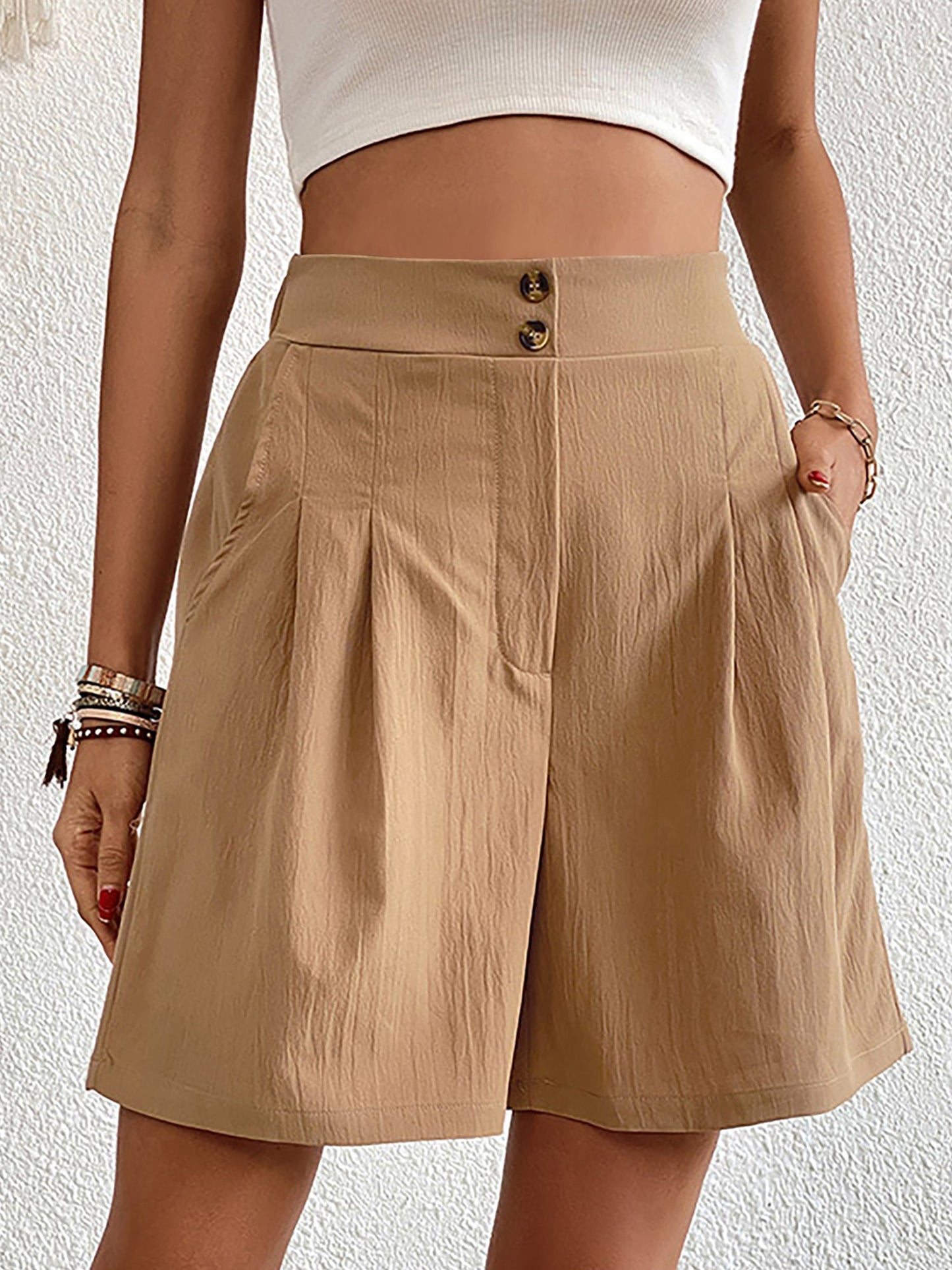 Solid Color High Waist Pleated Pocketed Shorts