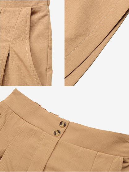 Solid Color High Waist Pleated Pocketed Shorts