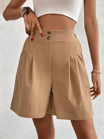 Solid Color High Waist Pleated Pocketed Shorts