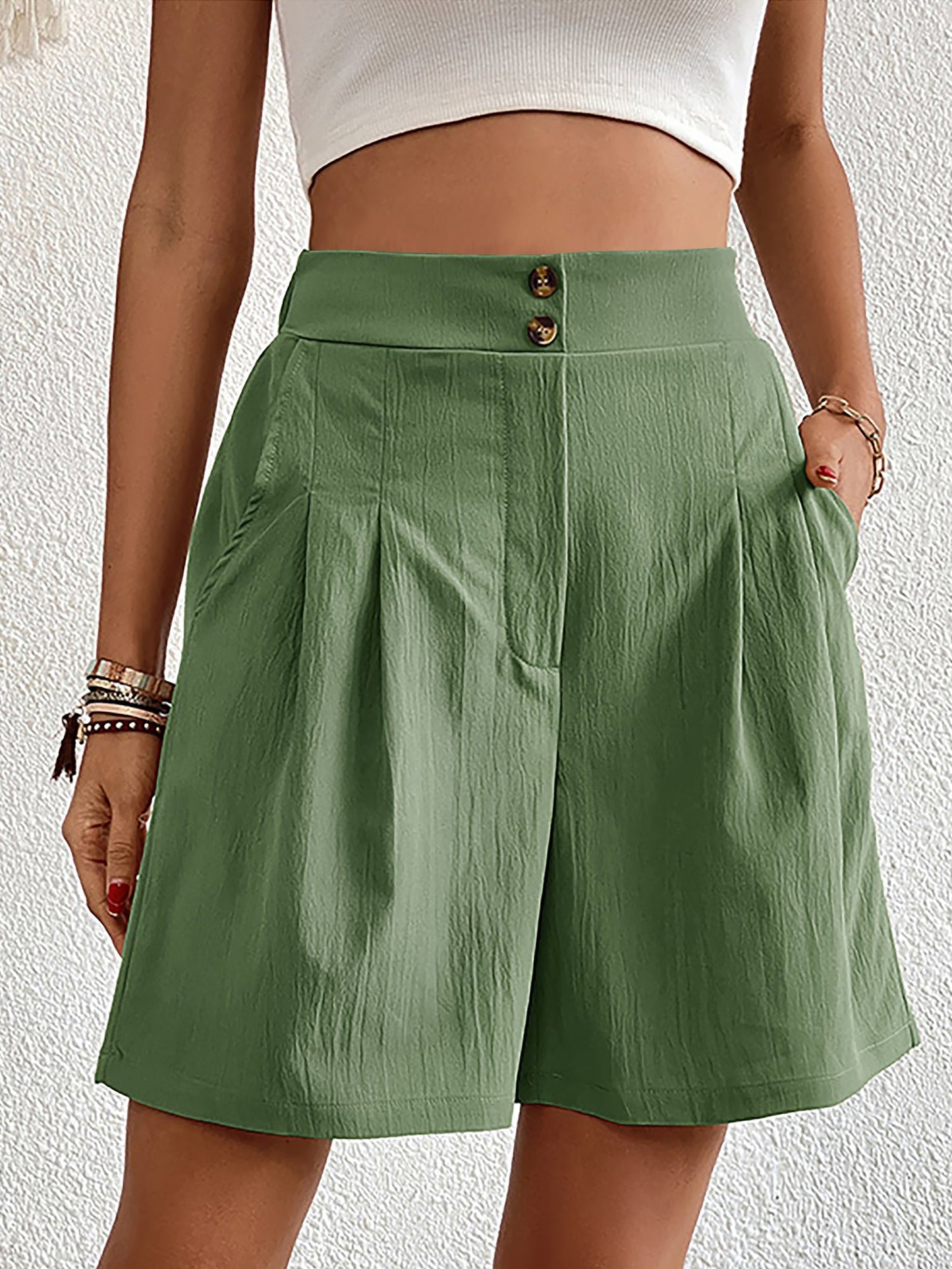 Solid Color High Waist Pleated Pocketed Shorts