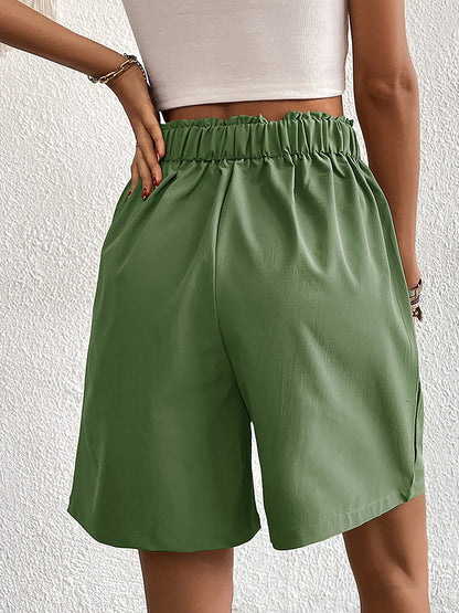 Solid Color High Waist Pleated Pocketed Shorts