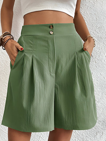 Solid Color High Waist Pleated Pocketed Shorts