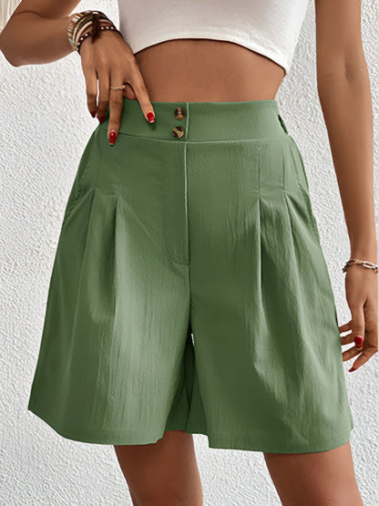 Solid Color High Waist Pleated Pocketed Shorts