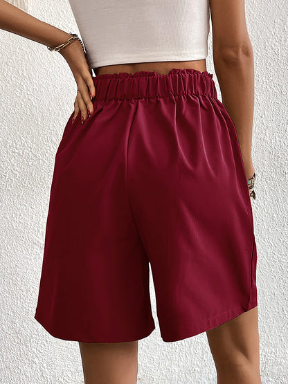 Solid Color High Waist Pleated Pocketed Shorts