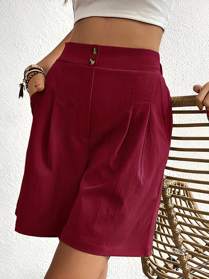 Solid Color High Waist Pleated Pocketed Shorts